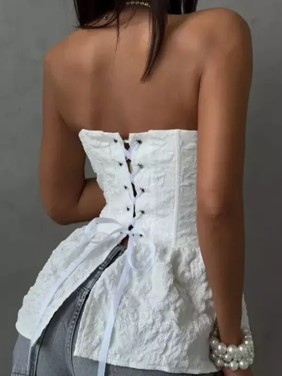 Corset Tops Black Sexy Lace-up Strapless Jacquard Corset Top Peplum Bustier