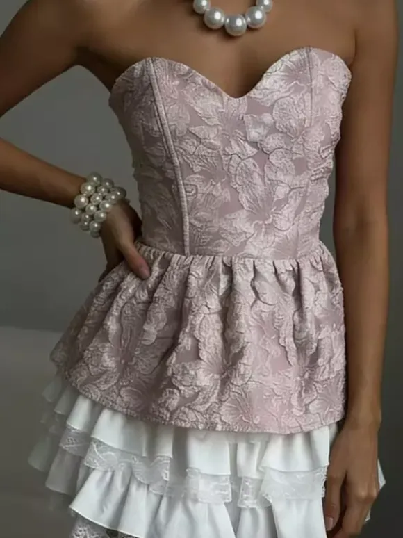 Corset Tops Black Sexy Lace-up Strapless Jacquard Corset Top Peplum Bustier