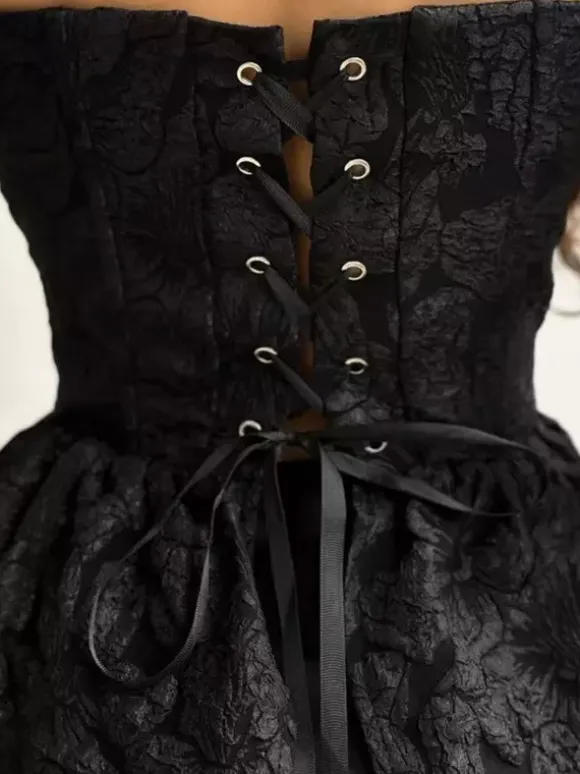 Corset Tops Black Sexy Lace-up Strapless Jacquard Corset Top Peplum Bustier