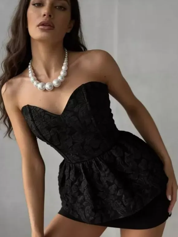 Corset Tops Black Sexy Lace-up Strapless Jacquard Corset Top Peplum Bustier