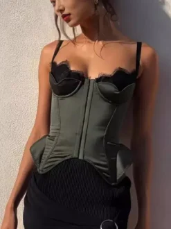 Corset Tops Black Sexy Sleeveless Straps Neck Slim Fit Lace-up Tops