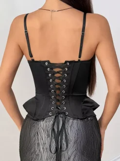 Corset Tops Black Sexy Sleeveless Straps Neck Slim Fit Lace-up Tops