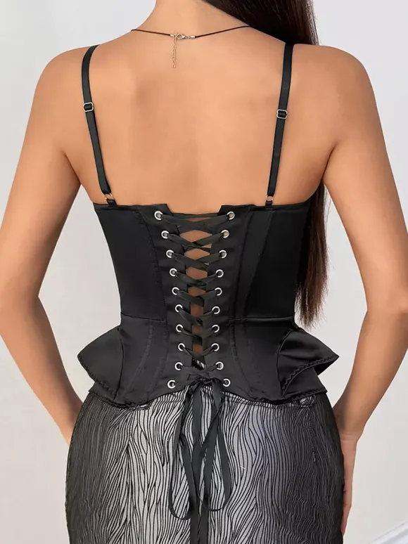 Corset Tops Black Sexy Sleeveless Straps Neck Slim Fit Lace-up Tops