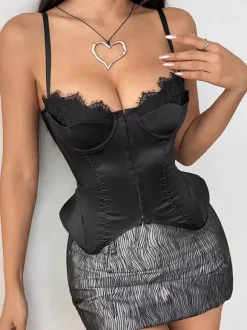 Corset Tops Black Sexy Sleeveless Straps Neck Slim Fit Lace-up Tops