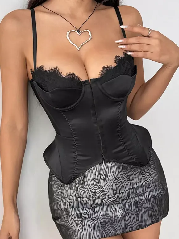Corset Tops Black Sexy Sleeveless Straps Neck Slim Fit Lace-up Tops