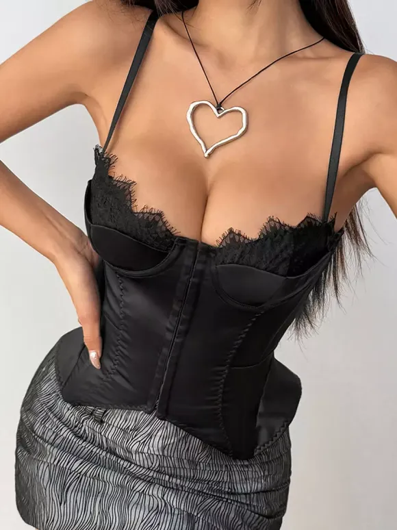 Corset Tops Black Sexy Sleeveless Straps Neck Slim Fit Lace-up Tops