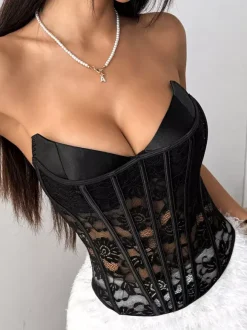 Corset Tops Black Sexy Sleeveless Strapless Slim Fit Lace Tops