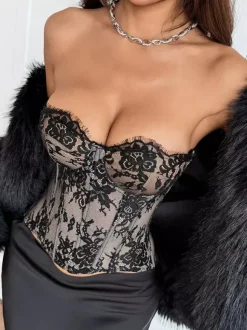 Corset Tops Black Sexy Sleeveless Strapless Slim Fit Lace Lace-up Tops