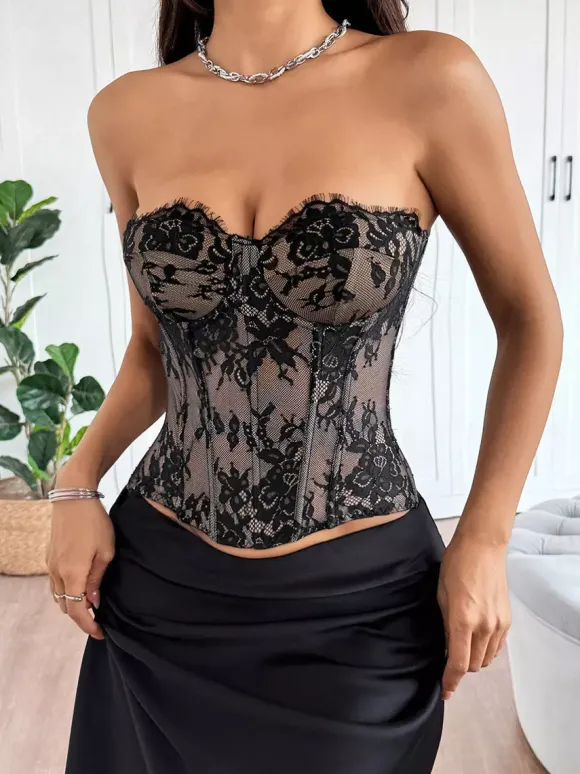 Corset Tops Black Sexy Sleeveless Strapless Slim Fit Lace Lace-up Tops