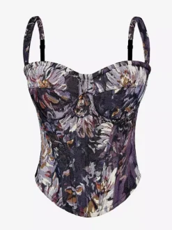 Corset Tops Blue Retro Sleeveless Strapless Printed Slim Fit Tops