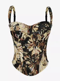 Corset Tops Blue Retro Sleeveless Strapless Printed Slim Fit Tops