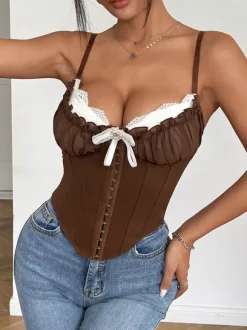 Corset Tops Blue Sexy Straps Neck Backless Slim Fit Lace Lace Up Tops