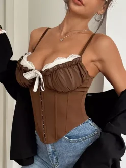 Corset Tops Blue Sexy Straps Neck Backless Slim Fit Lace Lace Up Tops