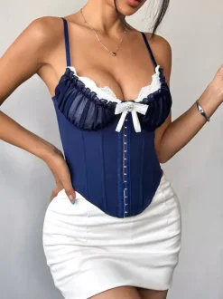 Corset Tops Blue Sexy Straps Neck Backless Slim Fit Lace Lace Up Tops
