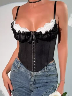 Corset Tops Blue Sexy Straps Neck Backless Slim Fit Lace Lace Up Tops