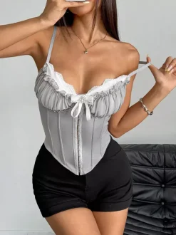 Corset Tops Blue Sexy Straps Neck Backless Slim Fit Lace Lace Up Tops