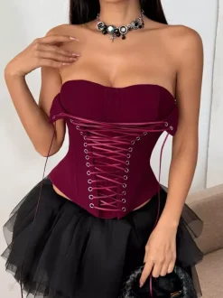 Corset Tops Brown Sexy Sleeveless Strapless Slim Fit Lace-up Tops