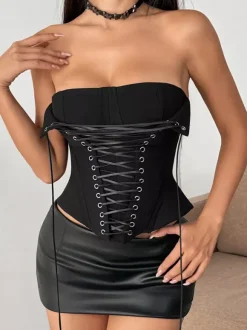 Corset Tops Brown Sexy Sleeveless Strapless Slim Fit Lace-up Tops