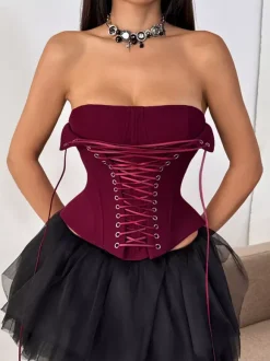 Corset Tops Brown Sexy Sleeveless Strapless Slim Fit Lace-up Tops