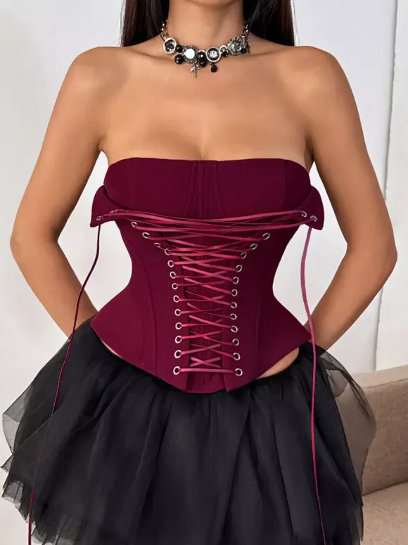 Corset Tops Brown Sexy Sleeveless Strapless Slim Fit Lace-up Tops