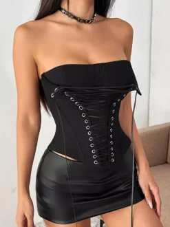 Corset Tops Brown Sexy Sleeveless Strapless Slim Fit Lace-up Tops