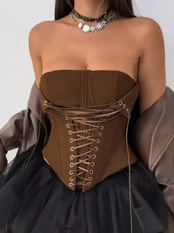 Corset Tops Brown Sexy Sleeveless Strapless Slim Fit Lace-up Tops