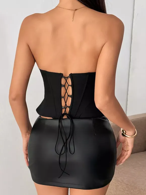 Corset Tops Brown Sexy Sleeveless Strapless Slim Fit Lace-up Tops