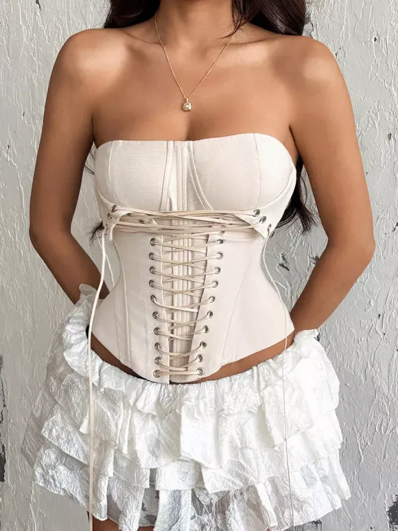 Corset Tops Brown Sexy Sleeveless Strapless Slim Fit Lace-up Tops