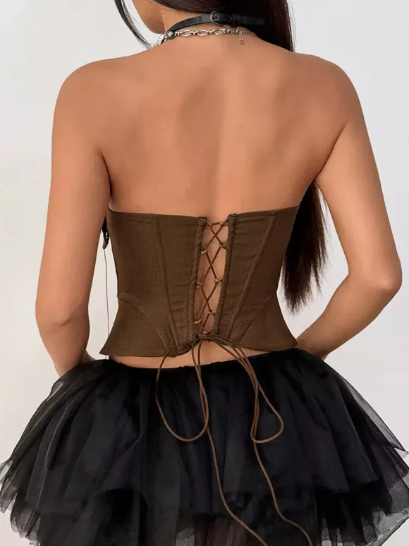 Corset Tops Brown Sexy Sleeveless Strapless Slim Fit Lace-up Tops