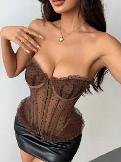 Corset Tops Burgundy Chic Sleeveless Strapless Slim Fit Lace Tops