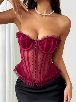 Corset Tops Burgundy Chic Sleeveless Strapless Slim Fit Lace Tops