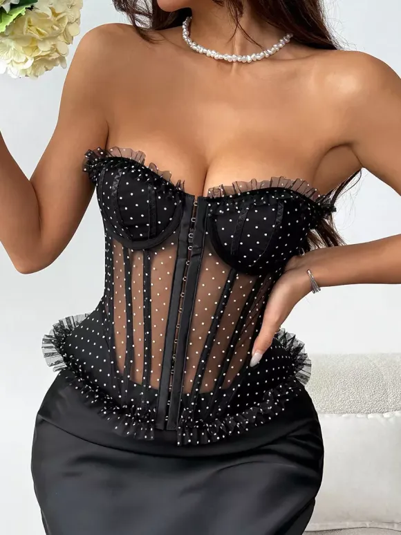 Corset Tops Burgundy Chic Sleeveless Strapless Slim Fit Lace Tops