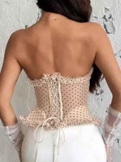 Corset Tops Burgundy Chic Sleeveless Strapless Slim Fit Lace Tops