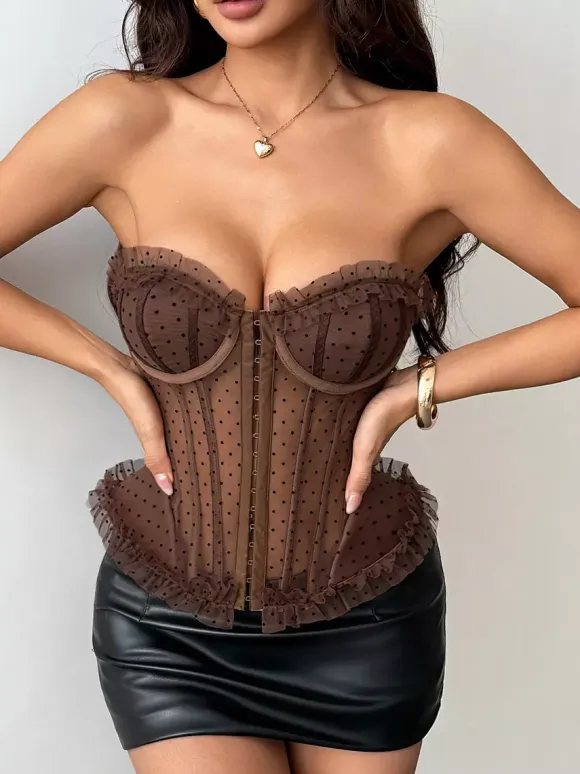 Corset Tops Burgundy Chic Sleeveless Strapless Slim Fit Lace Tops