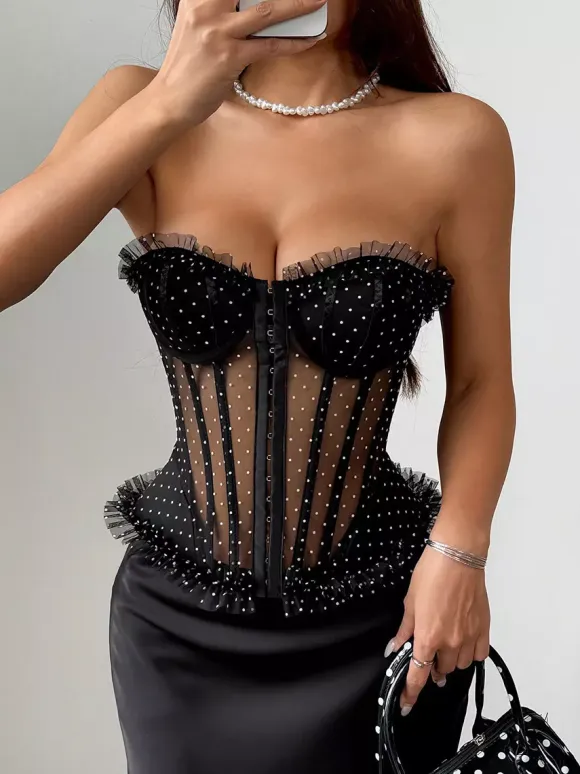 Corset Tops Burgundy Chic Sleeveless Strapless Slim Fit Lace Tops