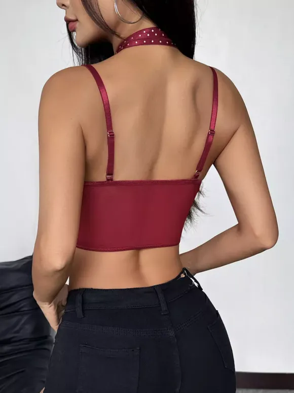 Corset Tops Burgundy Sexy Sleeveless Straps Neck Slim Fit Lace Criss-Cross Tops