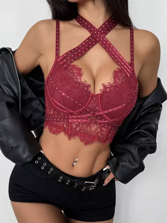 Corset Tops Burgundy Sexy Sleeveless Straps Neck Slim Fit Lace Criss-Cross Tops