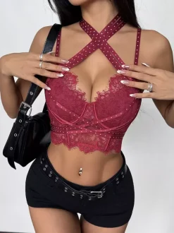 Corset Tops Burgundy Sexy Sleeveless Straps Neck Slim Fit Lace Criss-Cross Tops
