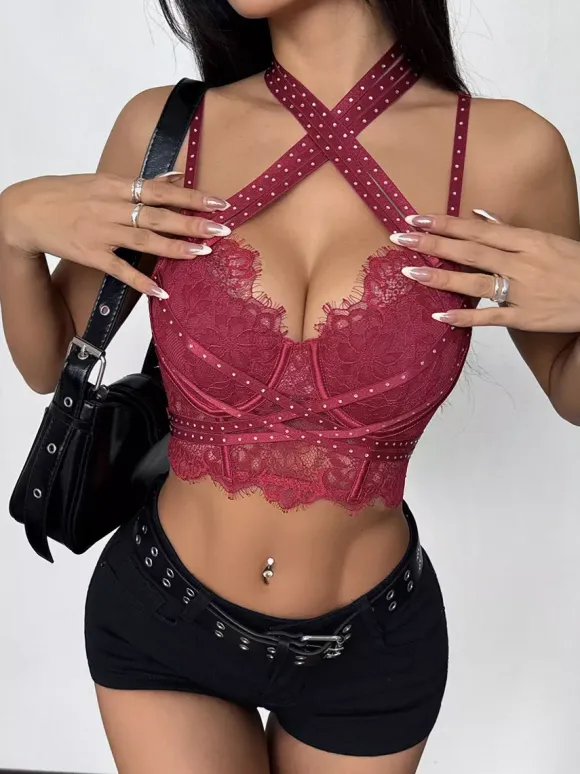 Corset Tops Burgundy Sexy Sleeveless Straps Neck Slim Fit Lace Criss-Cross Tops