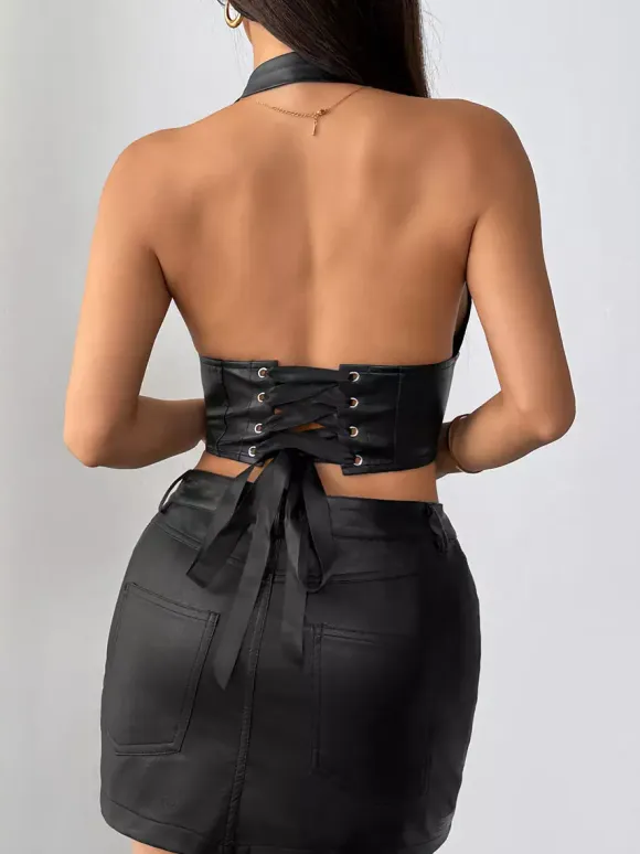 Corset Tops Burgundy Sexy Sleeveless Slim Fit Lace Lace-up Tops