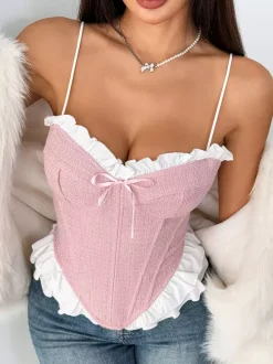 Corset Tops Coquette Pink Ruffles Sexy Sleeveless Straps Neck Peplum Lace-up