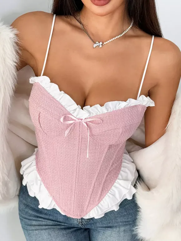 Corset Tops Coquette Pink Ruffles Sexy Sleeveless Straps Neck Peplum Lace-up