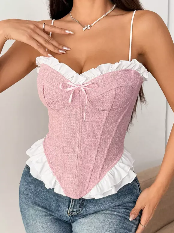 Corset Tops Coquette Pink Ruffles Sexy Sleeveless Straps Neck Peplum Lace-up