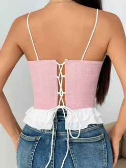 Corset Tops Coquette Pink Ruffles Sexy Sleeveless Straps Neck Peplum Lace-up