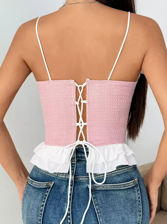 Corset Tops Coquette Pink Ruffles Sexy Sleeveless Straps Neck Peplum Lace-up