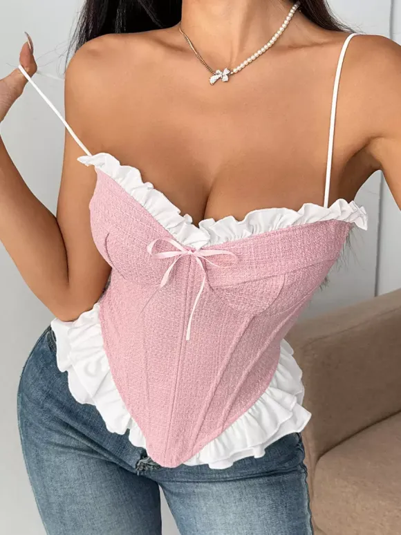 Corset Tops Coquette Pink Ruffles Sexy Sleeveless Straps Neck Peplum Lace-up