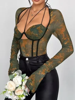 Corset Tops Dark Green Sexy Flared Sleeves Long Sleeves Slim Fit Tops