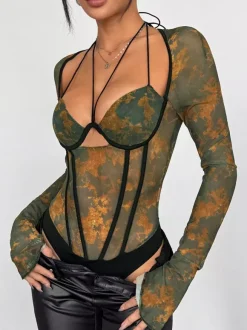 Corset Tops Dark Green Sexy Flared Sleeves Long Sleeves Slim Fit Tops