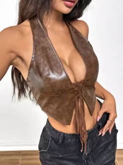 Corset Tops Deep Brown Chic Sleeveless Straps Neck Slim Fit Backless PU Lace Up Tops