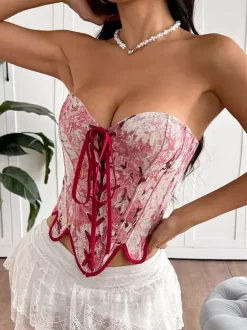 Corset Tops Floral Print Pink Sleeveless Strapless With Front Lace-Up